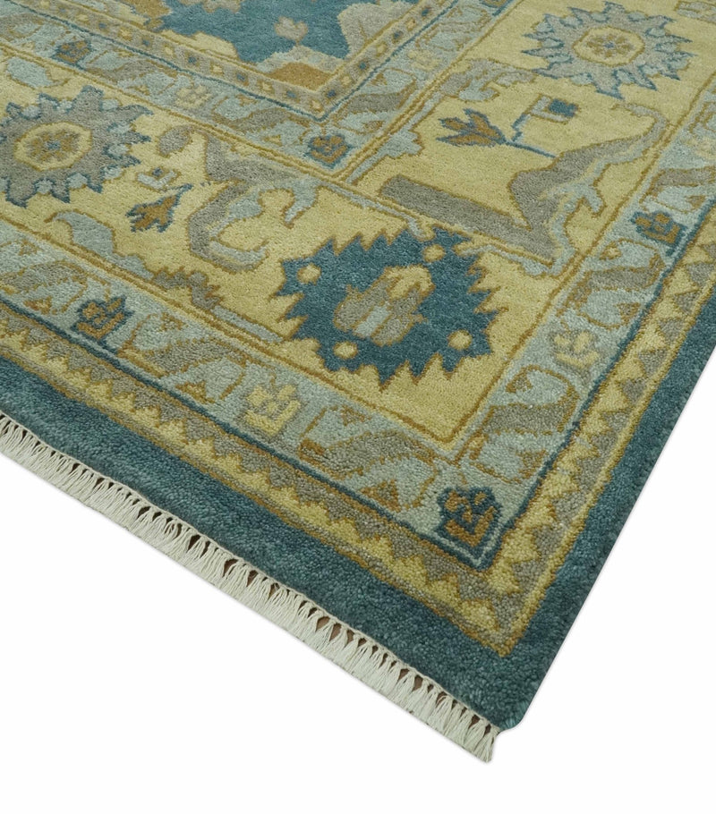 8x10 Hand Knotted Teal and Olive Traditional Oriental Oushak wool area rug - The Rug Decor