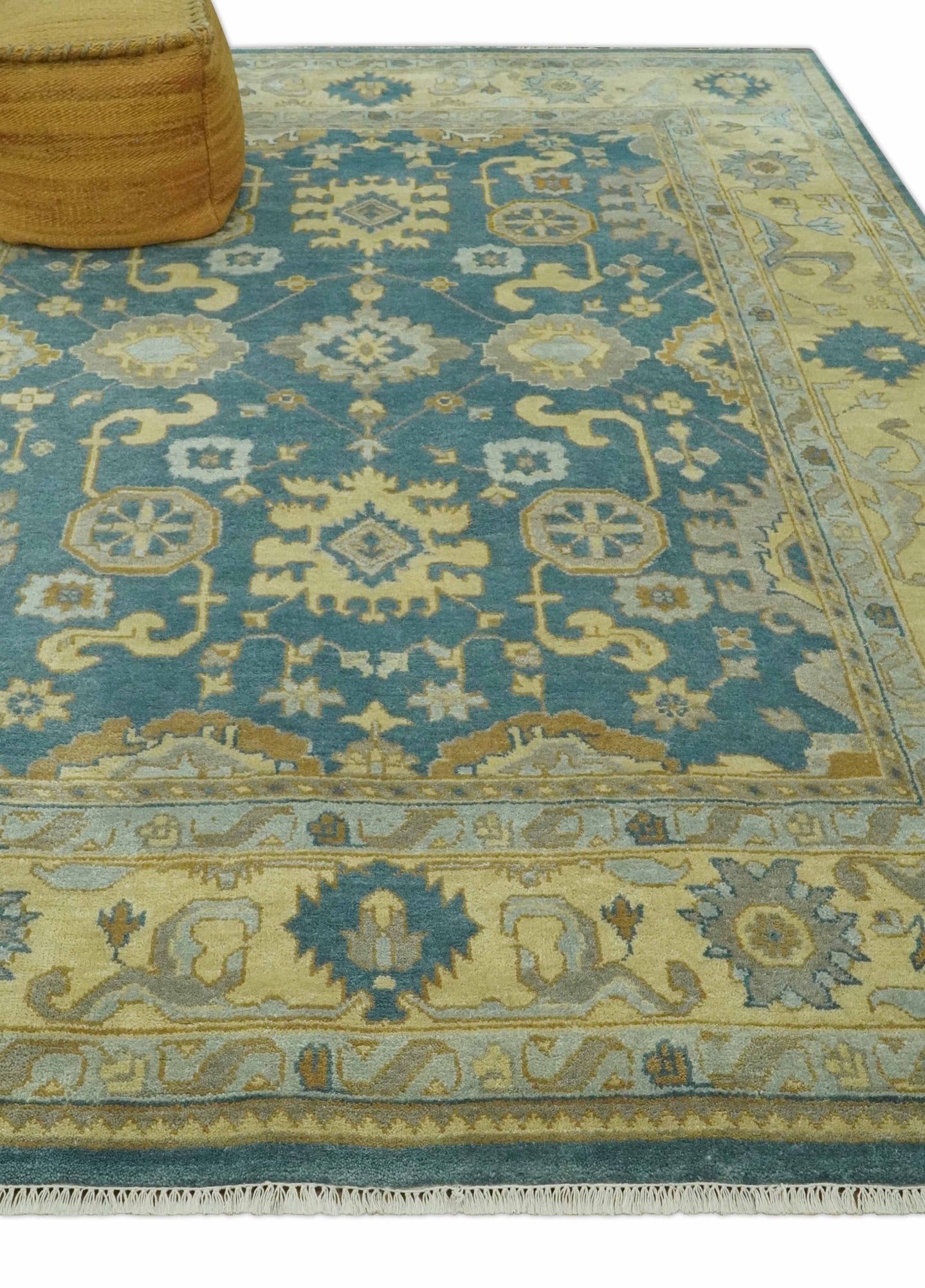 8x10 Hand Knotted Teal and Olive Traditional Oriental Oushak wool area rug - The Rug Decor