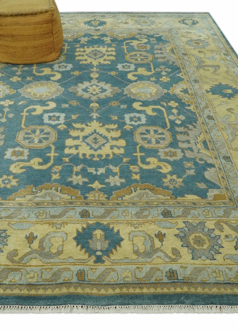 8x10 Hand Knotted Teal and Olive Traditional Oriental Oushak wool area rug - The Rug Decor