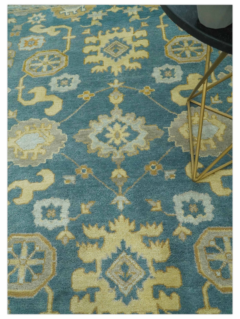 8x10 Hand Knotted Teal and Olive Traditional Oriental Oushak wool area rug - The Rug Decor