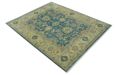 8x10 Hand Knotted Teal and Olive Traditional Oriental Oushak wool area rug - The Rug Decor