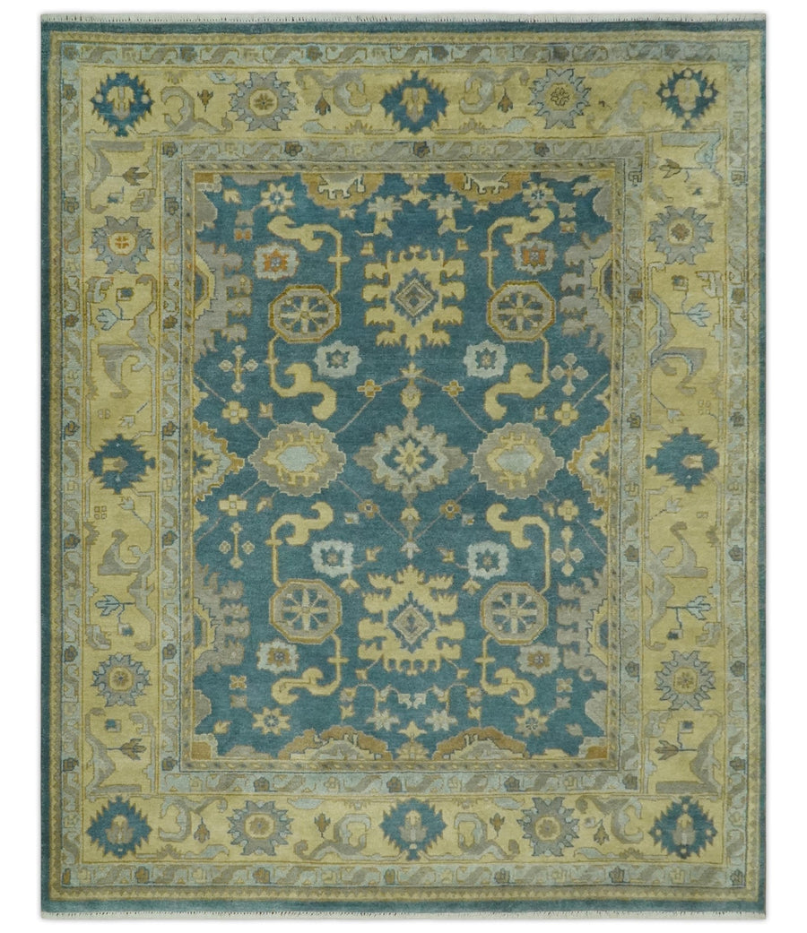 8x10 Hand Knotted Teal and Olive Traditional Oriental Oushak wool area rug - The Rug Decor