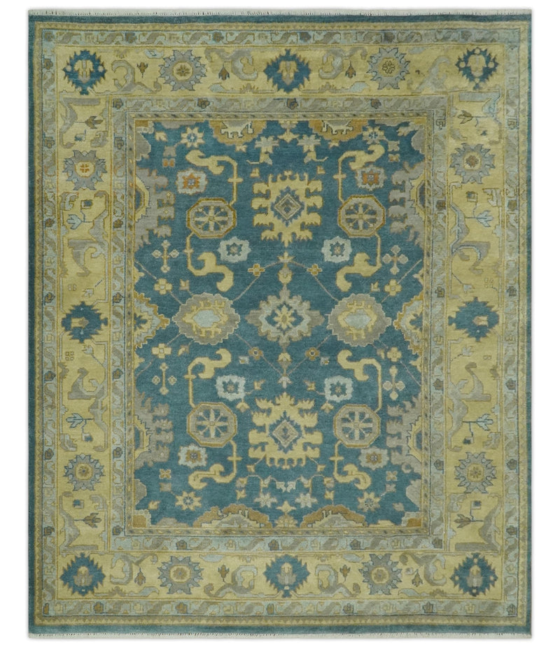 8x10 Hand Knotted Teal and Olive Traditional Oriental Oushak wool area rug - The Rug Decor