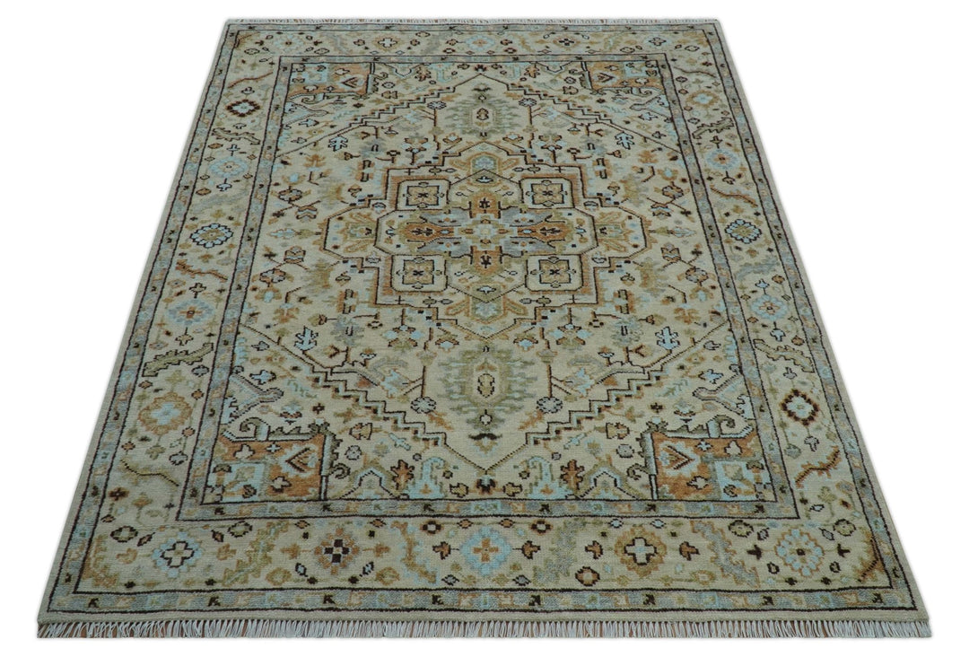 8x10 Hand Knotted Traditional Design Beige And Blue Wool Rug - The Rug Decor