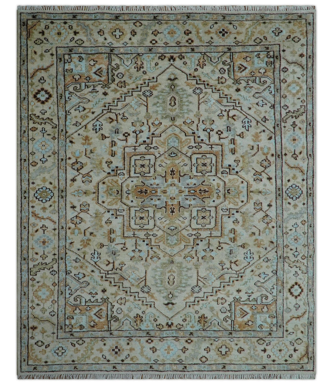 8x10 Hand Knotted Traditional Design Beige And Blue Wool Rug - The Rug Decor