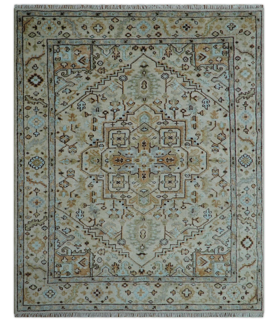 8x10 Hand Knotted Traditional Design Beige And Blue Wool Rug - The Rug Decor