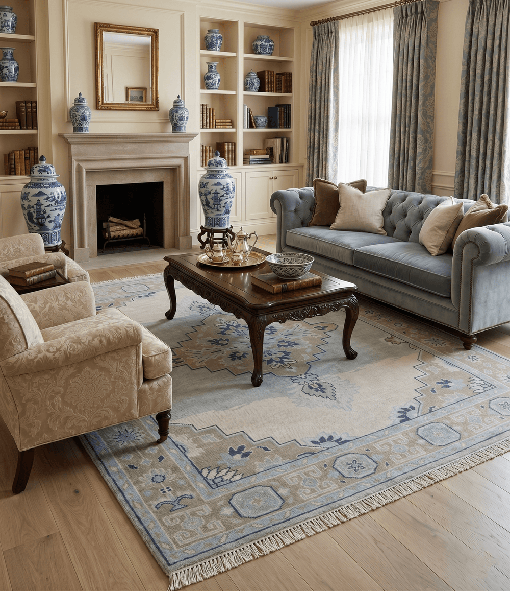 8x10 Hand Knotted Traditional Serapi Blue And Beige Wool Area Rug - The Rug Decor