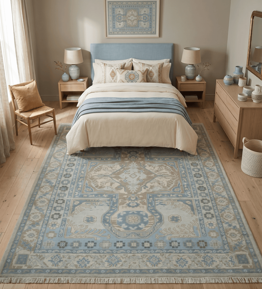 8x10 Hand Knotted Traditional Turkish Blue And Beige Low Pile Area Rug - The Rug Decor