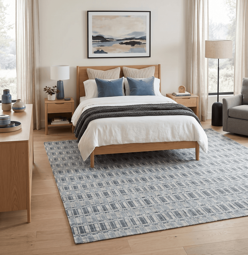 8x10 Hand Made Checkered Beige, Blue and Charcoal Blended Wool Area Rug - The Rug Decor