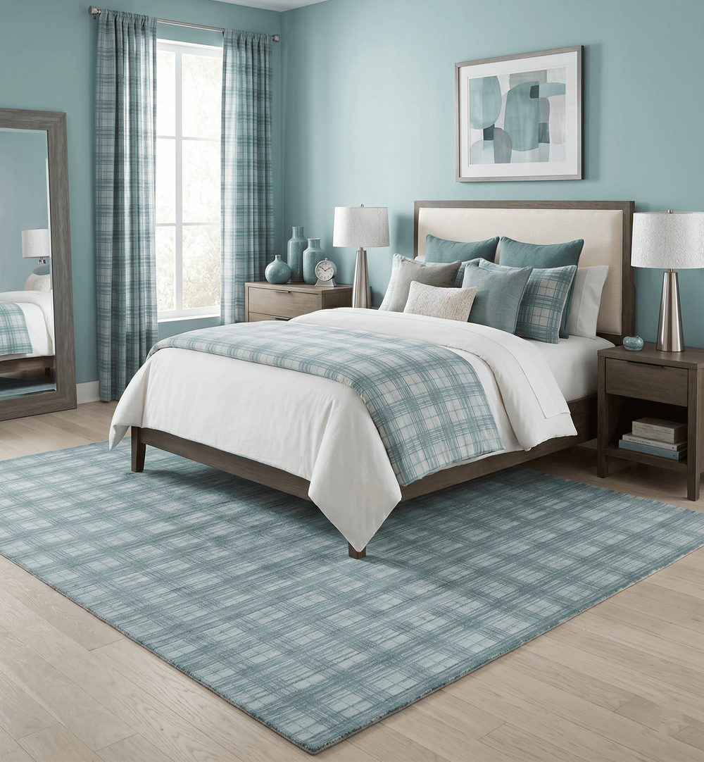 8x10 Hand Made Checkered Ivory and Blue Blended Wool Flatwoven Area Rug - The Rug Decor