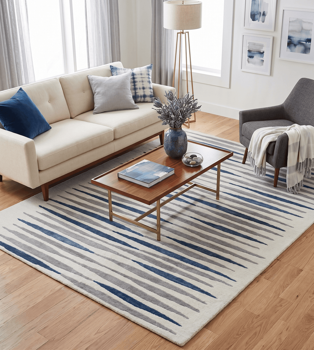 8x10 Hand Tufted White, Blue and Camel Modern Stripe Wool Area Rug - The Rug Decor