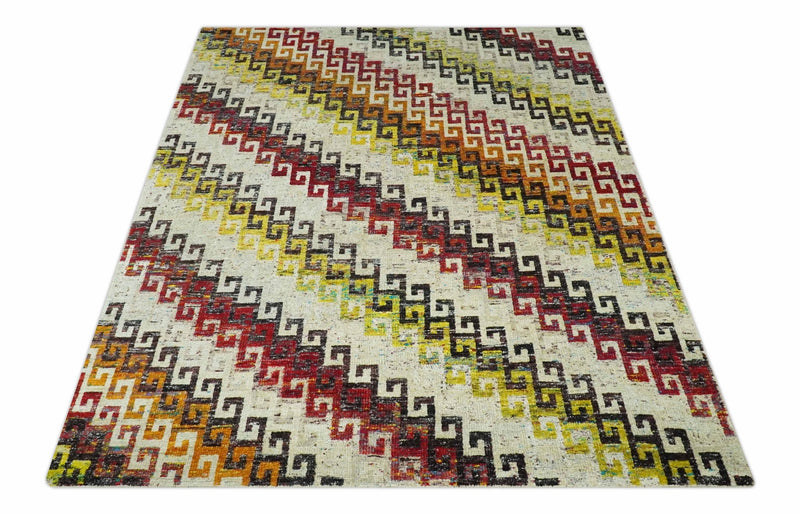 8x10 Ivory, Maroon, Black and Mustard Greek key design Hand Knotted wool area rug - The Rug Decor