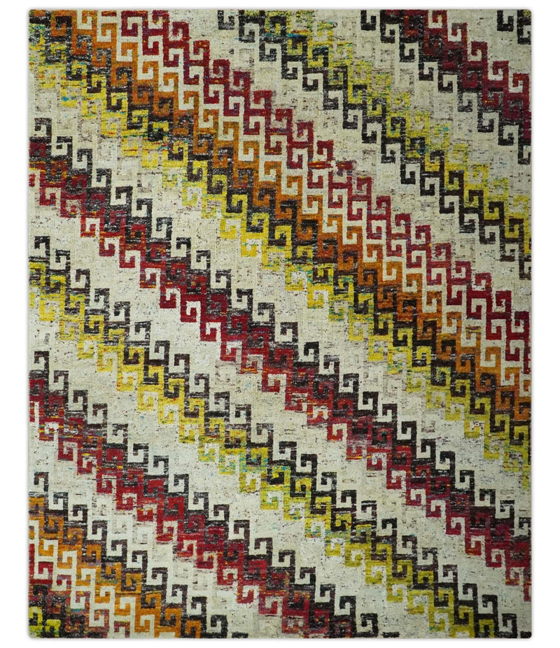 8x10 Ivory, Maroon, Black and Mustard Greek key design Hand Knotted wool area rug - The Rug Decor