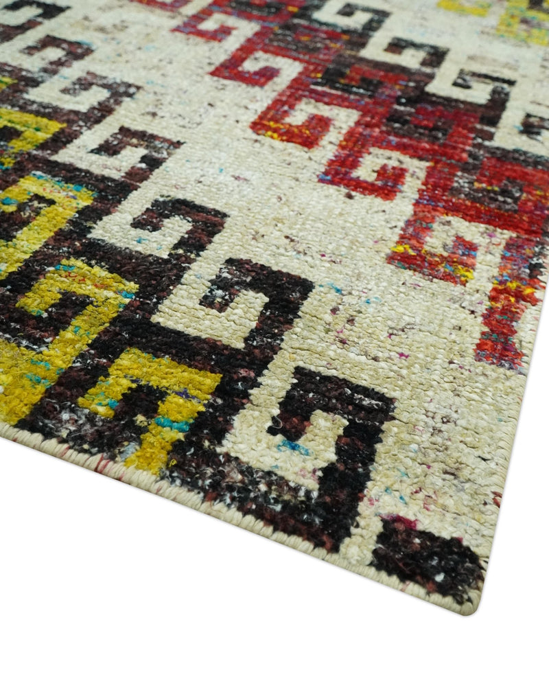 8x10 Ivory, Maroon, Black and Mustard Greek key design Hand Knotted wool area rug - The Rug Decor