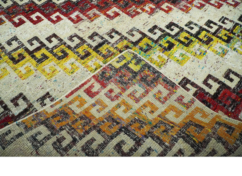 8x10 Ivory, Maroon, Black and Mustard Greek key design Hand Knotted wool area rug - The Rug Decor