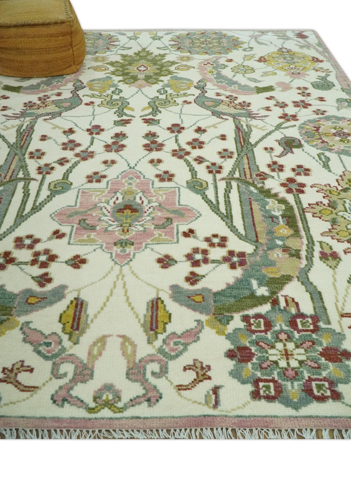 8x10 Peacock Garden Ivory and Green Bird Hand Knotted Wool Area Rug - The Rug Decor