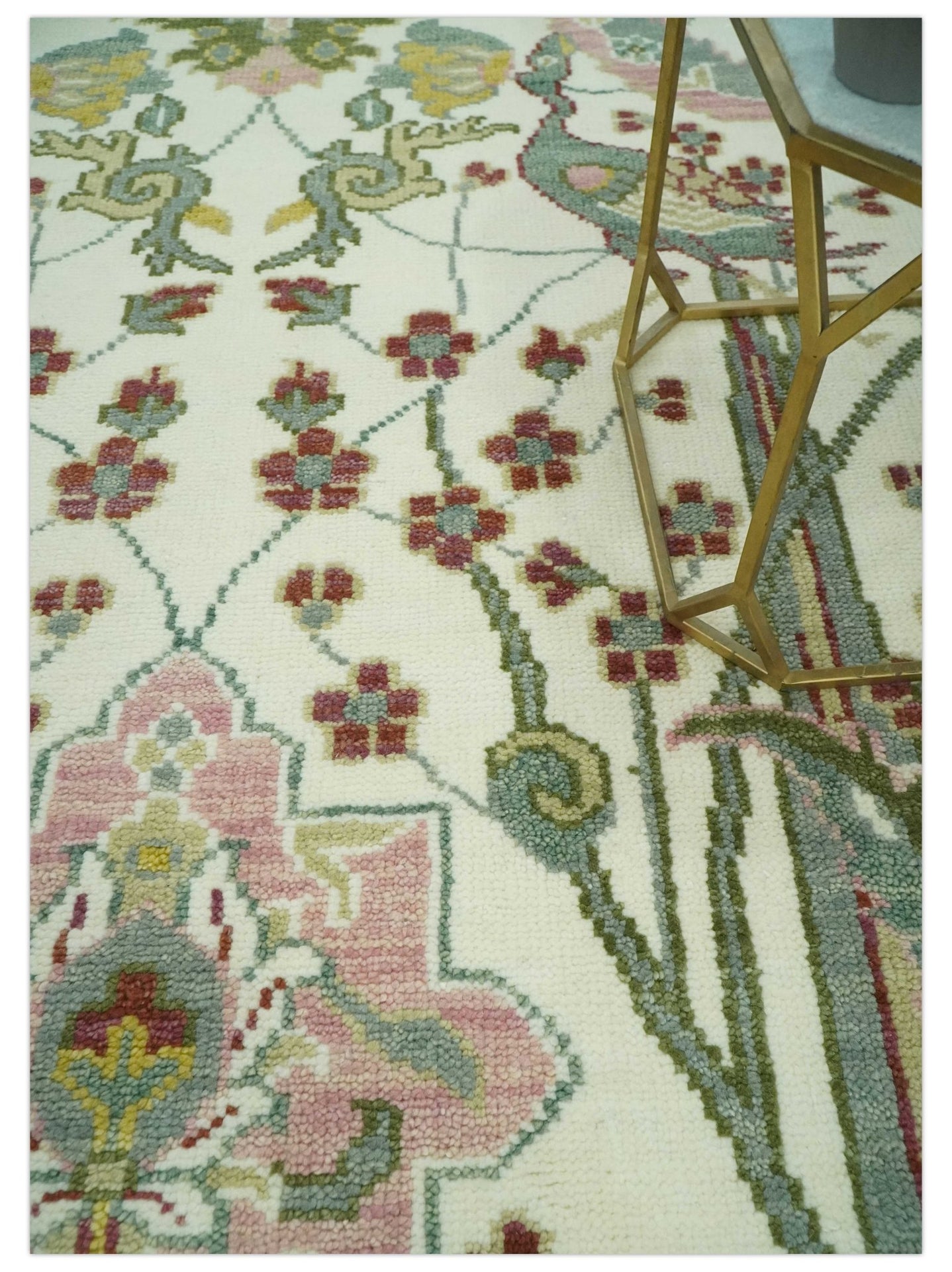 8x10 Peacock Garden Ivory and Green Bird Hand Knotted Wool Area Rug - The Rug Decor