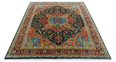 8x10 Rust and Blue Fine Hand Knotted Traditional Heriz Medallion wool area rug - The Rug Decor