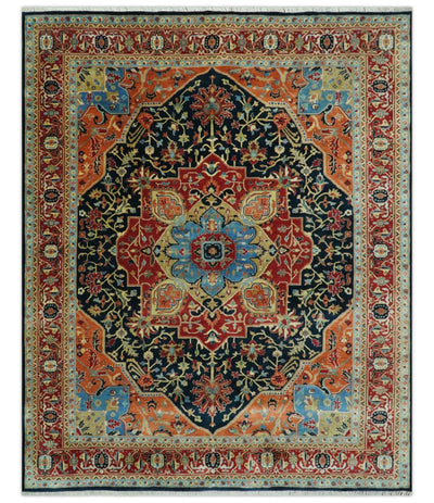 8x10 Rust and Blue Fine Hand Knotted Traditional Heriz Medallion wool area rug - The Rug Decor