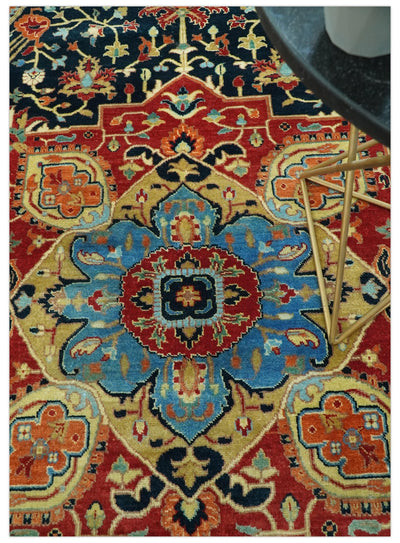 8x10 Rust and Blue Fine Hand Knotted Traditional Heriz Medallion wool area rug - The Rug Decor