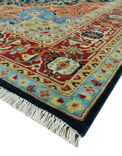 8x10 Rust and Blue Fine Hand Knotted Traditional Heriz Medallion wool area rug - The Rug Decor