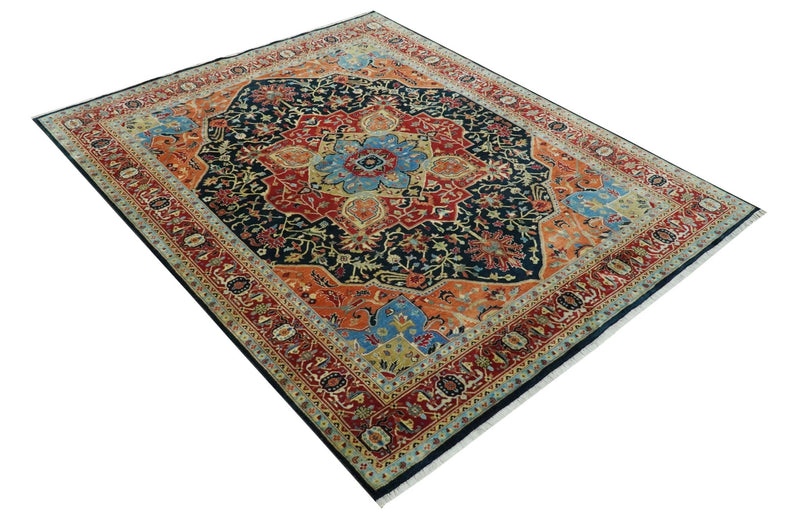 8x10 Rust and Blue Fine Hand Knotted Traditional Heriz Medallion wool area rug - The Rug Decor