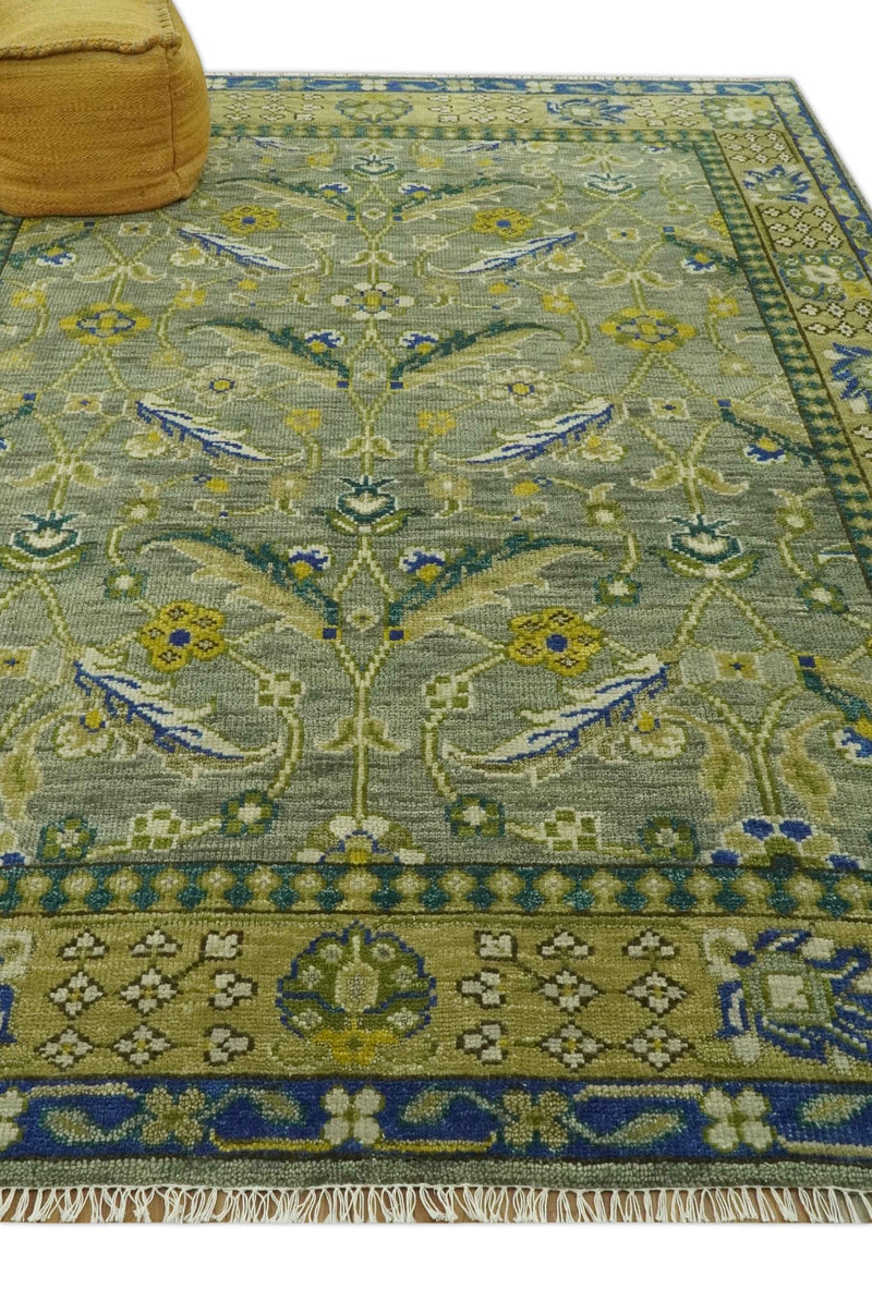 8x10 Traditional Floral Green and Blue Hand Knotted wool area rug - The Rug Decor