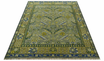 8x10 Traditional Floral Green and Blue Hand Knotted wool area rug - The Rug Decor