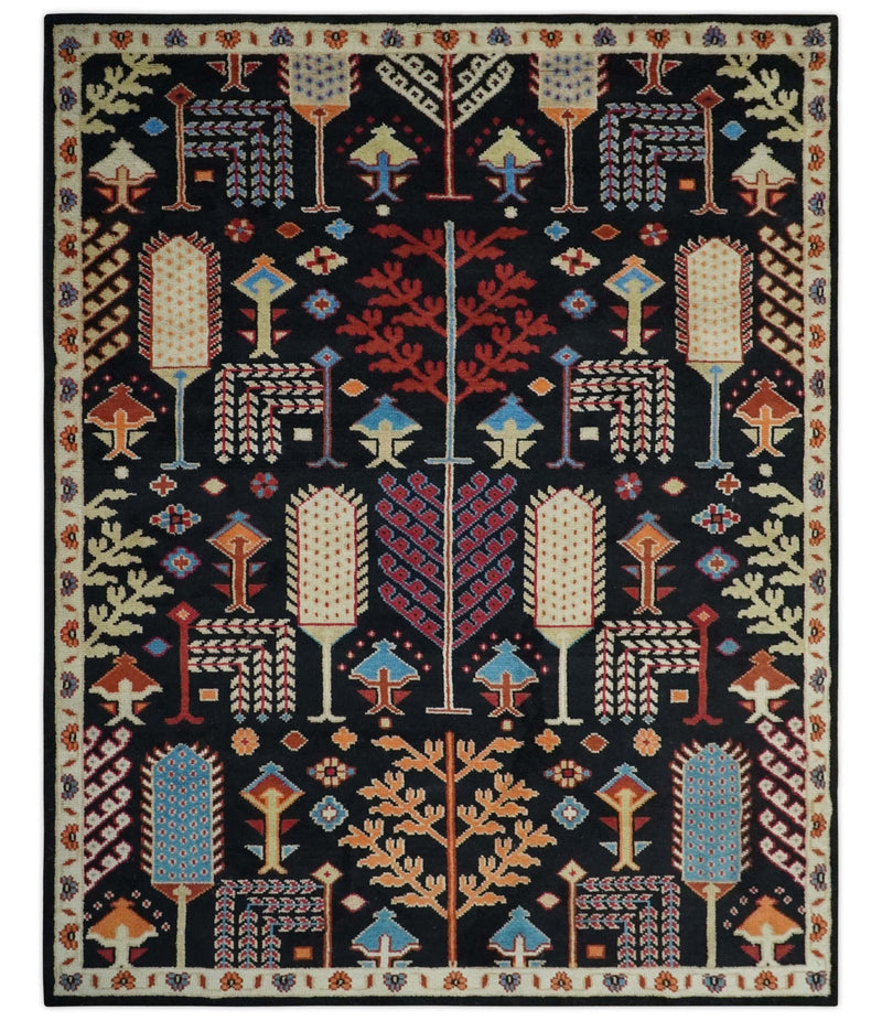 8x10 Tree of life Black, Beige, Peach and Blue Traditional Design wool Rug - The Rug Decor