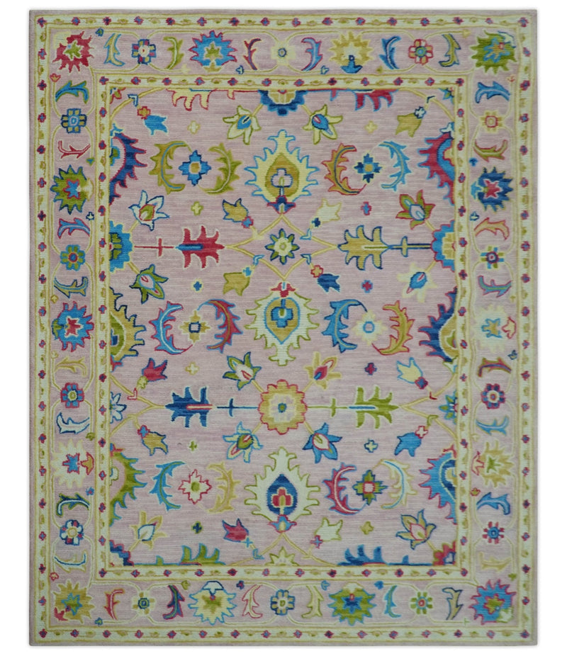 8x10 Vibrant Colorful Pink, Olive and Blue Oriental Oushak Hand Tufted area rug - The Rug Decor