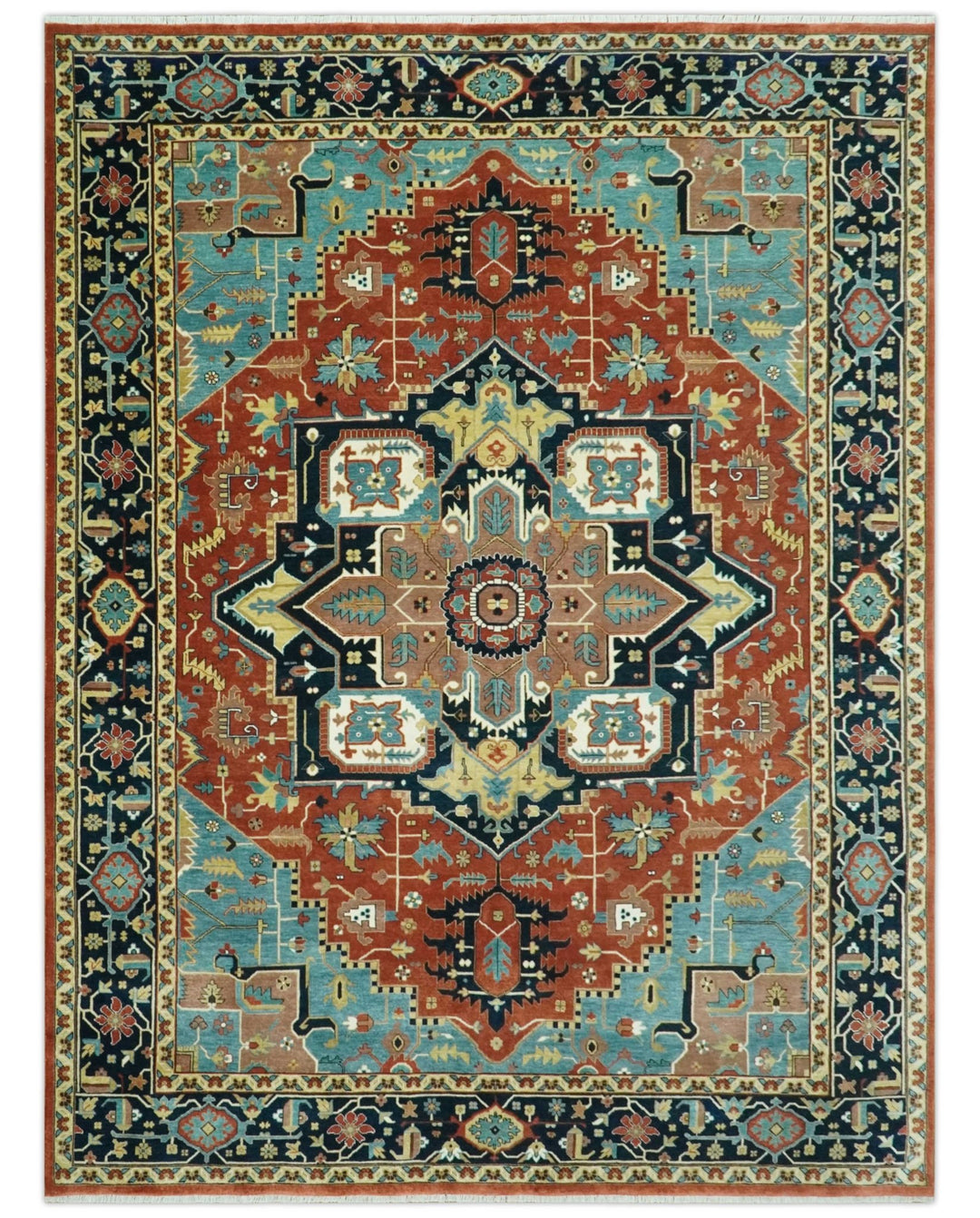 8x10 Wool Hand Knotted Heriz Serapi Brown, Black, Rust and Teal Area Rug - The Rug Decor