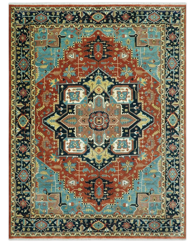 8x10 Wool Hand Knotted Heriz Serapi Brown, Black, Rust and Teal Area Rug - The Rug Decor