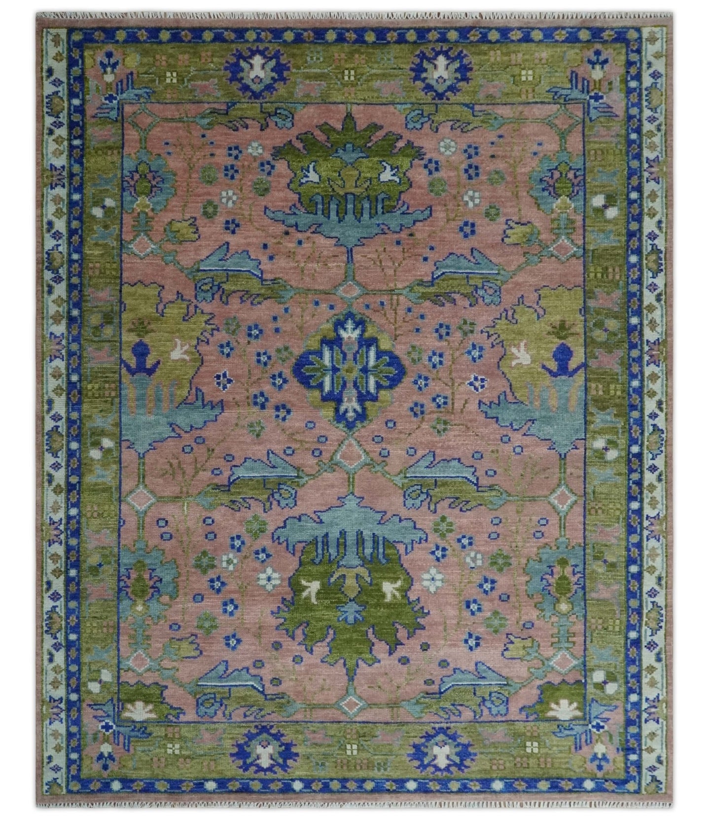 8x10 Wool Traditional Peach, Green and Blue Hand knotted Oushak Area Rug - The Rug Decor