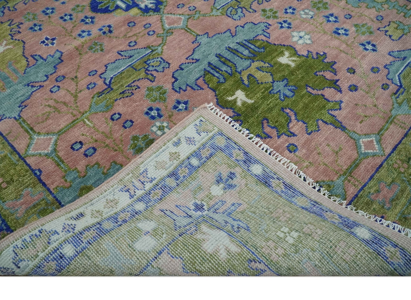 8x10 Wool Traditional Peach, Green and Blue Hand knotted Oushak Area Rug - The Rug Decor