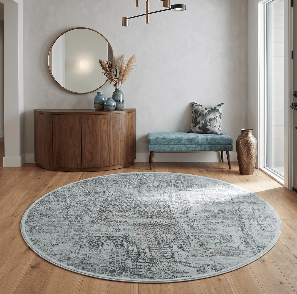 8x8 Round Beige, Gray and Charcoal Antique Finish Vintage look Art Silk Area Rug - The Rug Decor