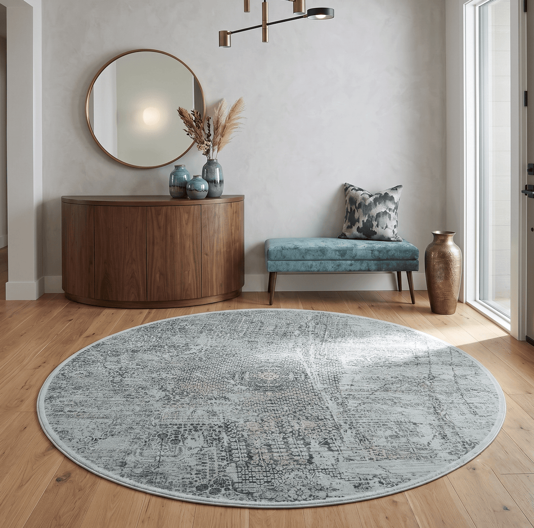 8x8 Round Beige, Gray and Charcoal Antique Finish Vintage look Art Silk Area Rug - The Rug Decor