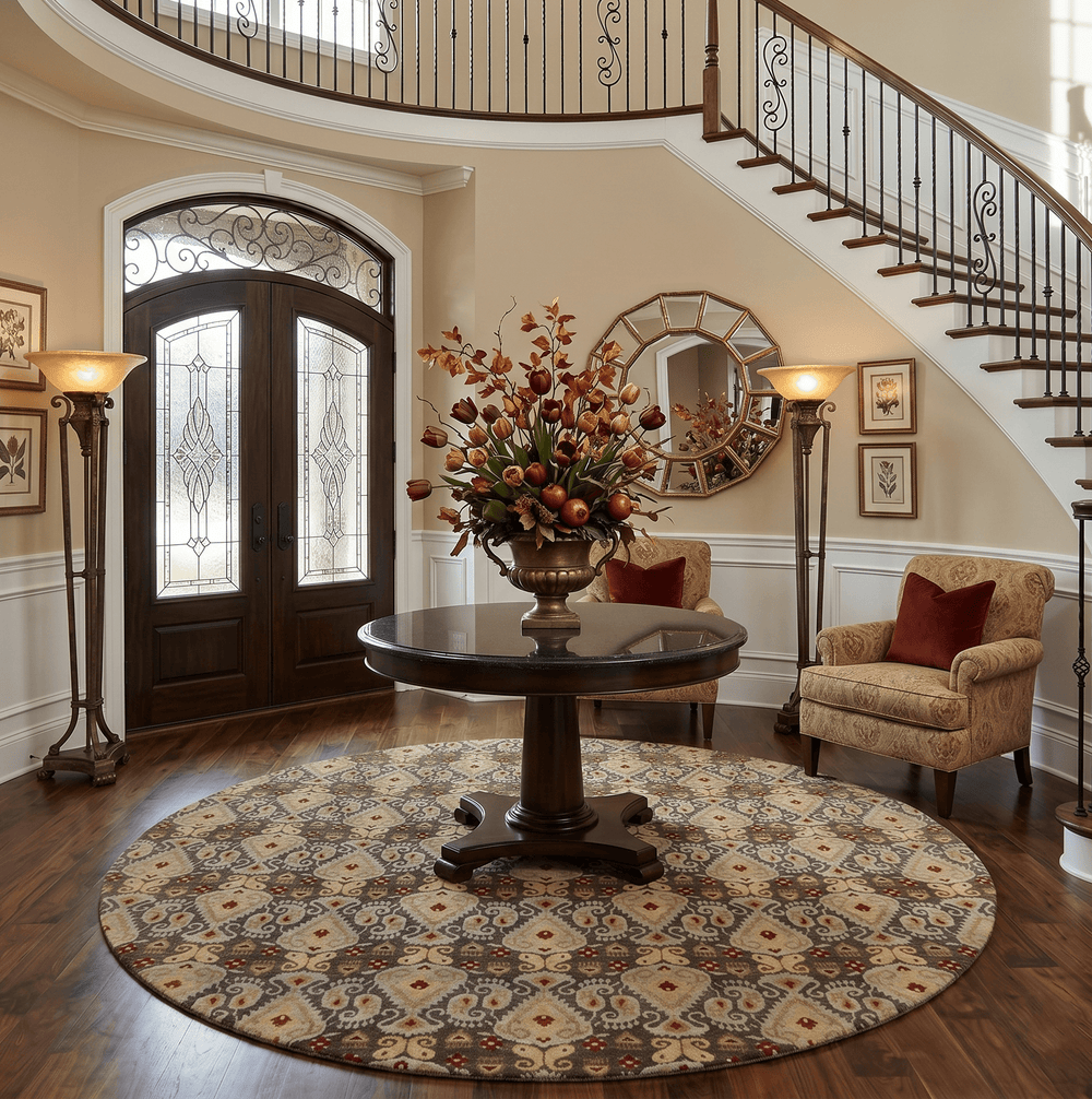 8x8 Round Fine Hand Knotted Brown and Beige Traditional Style Antique Wool Rug - The Rug Decor