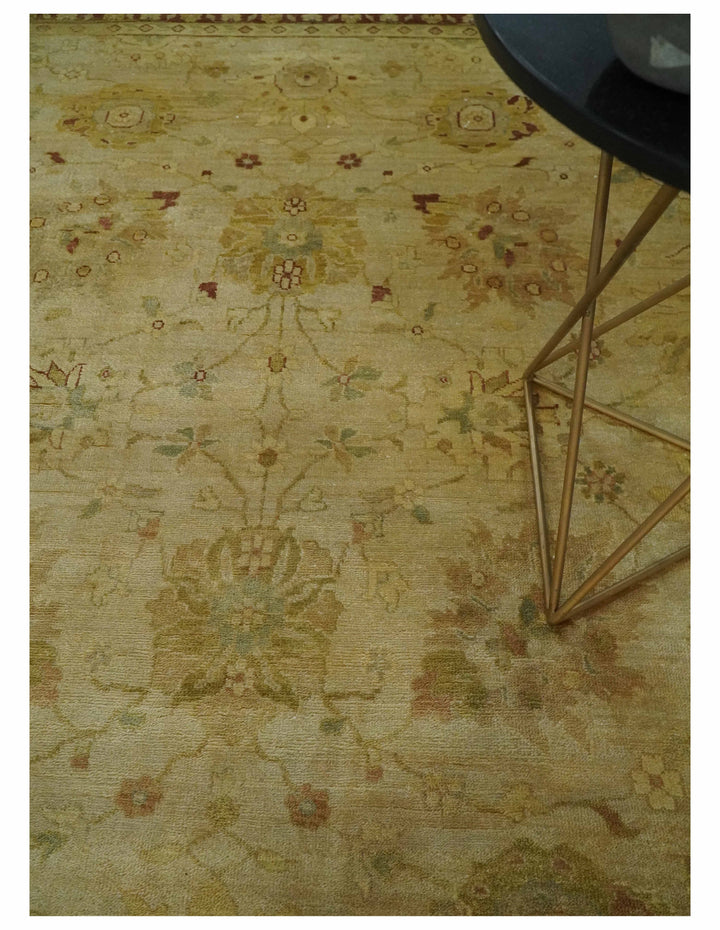 Antique Style 8x10 Hand Knotted Beige, Olive and Brown Traditional Oushak Wool Rug