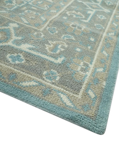 Custom Made Hand Knotted Blue, Ivory, Camel and Gray Traditional Heriz wool rug