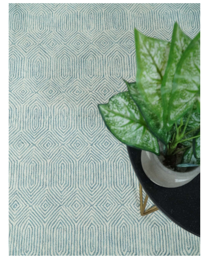 Ready to Ship Teal And Ivory Modern Contemporary Hand Tufted 8x10 Wool Rug