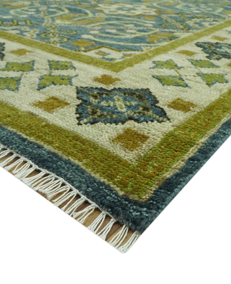 Blue and Olive Traditional motifs design Custom Made wool area rug