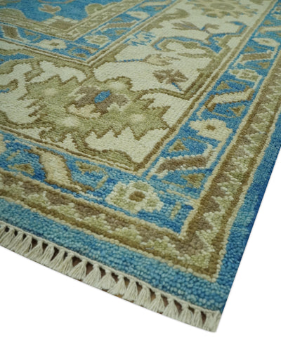 Antique design 8x10 Blue and Olive Traditional Oriental Oushak wool area rug