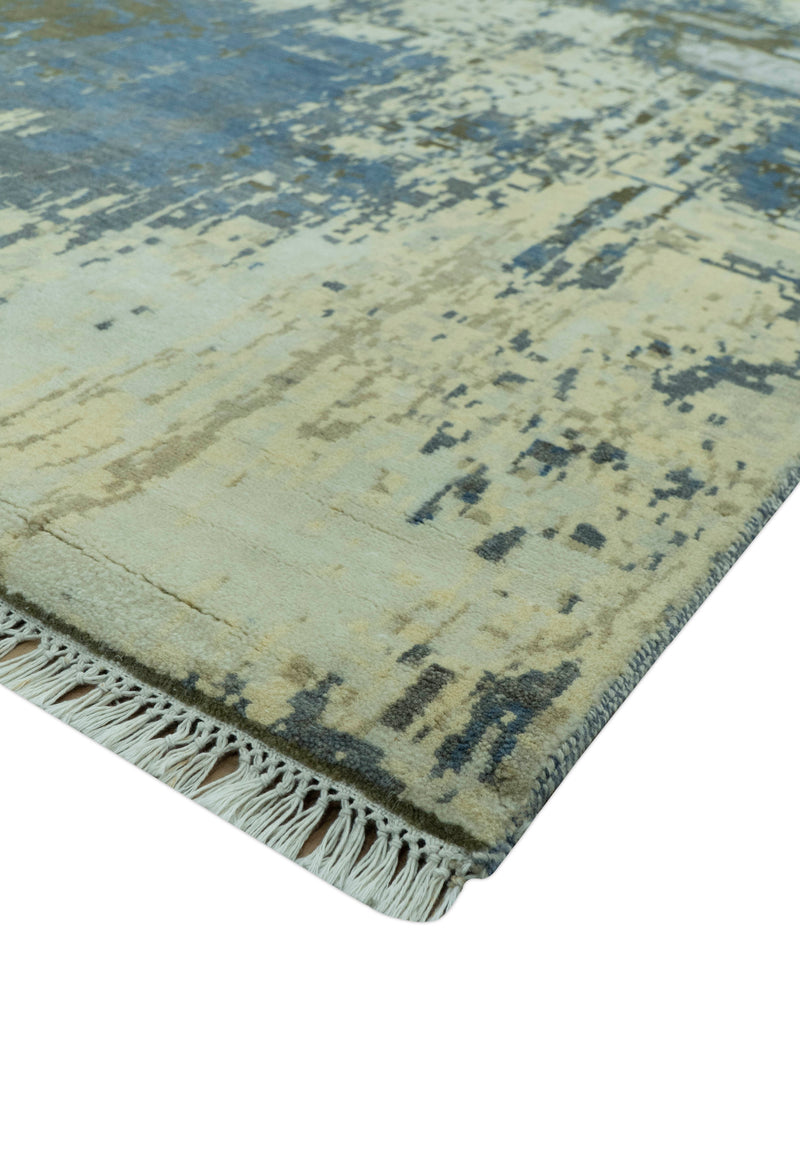 Modern Abstract Design Beige And Blue 9x12 Hand Knotted Wool Area Rug