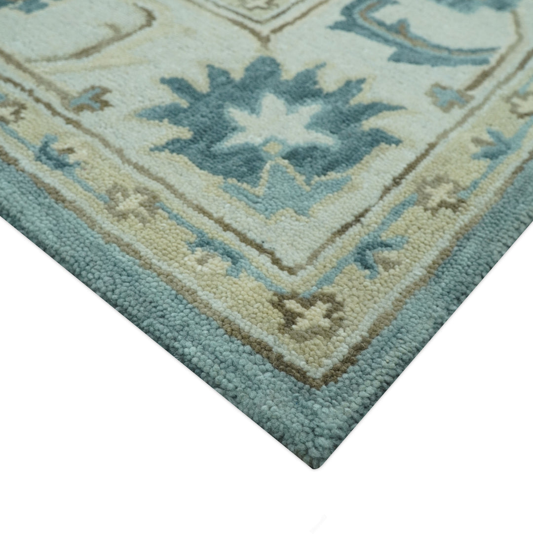 Custom Made Aqua, Ivory and Beige Hand Tufted Oriental Oushak wool area rug