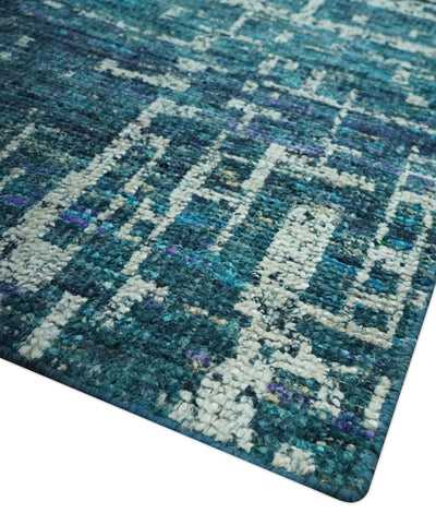 Modern Abstract Hand Knotted Teal and Ivory Contemporary Recycled Silk Area Rug