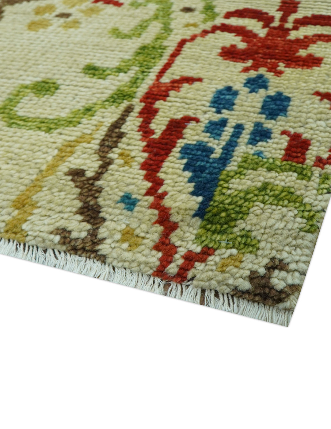 Custom Made Vintage Floral Ikat Design Beige And Blue Hand Knotted Wool Rug