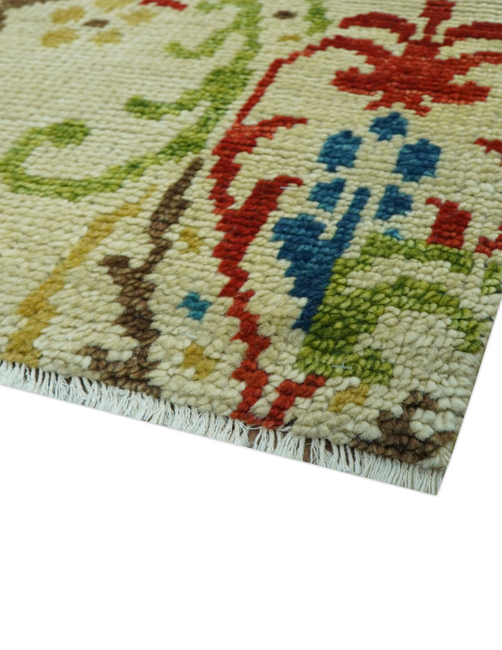 Custom Made Vintage Floral Ikat Design Beige And Blue Hand Knotted Wool Rug