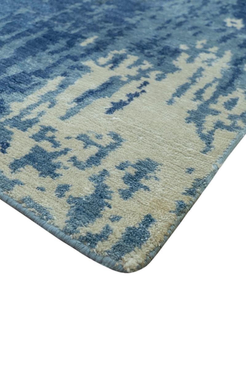 Modern Abstract Design Beige And Blue 9x12 Hand Knotted Bamboo Silk Area Rug