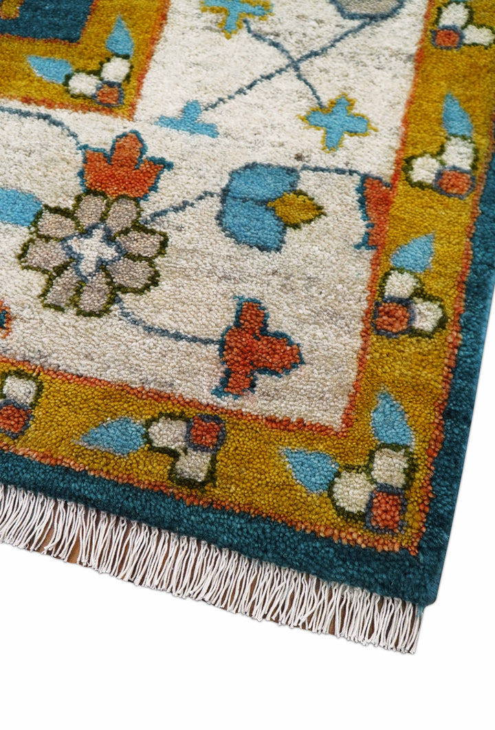 Fine Teal And Ivory Traditional Tree of life Hand Knotted Wool Rug