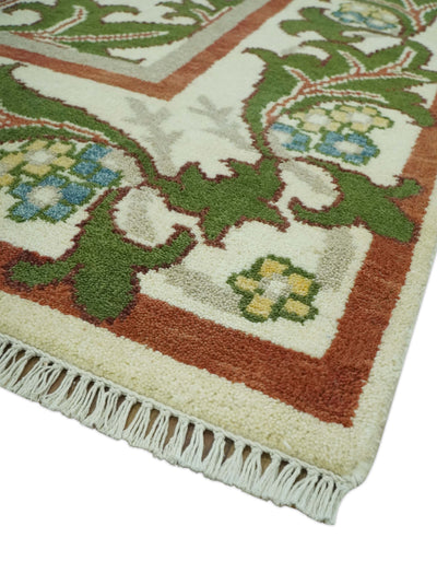 Hand Knotted Ivory and Green Floral Traditional Antique Style Wool Area Rug